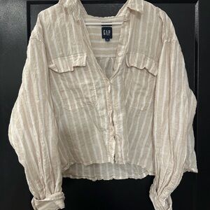 GAP Women's Linen Striped Cropped Button-Up Top
